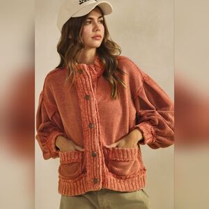 121 | Washed Vintage Ribbed Knit Trim Cardigan Jacket Coral
